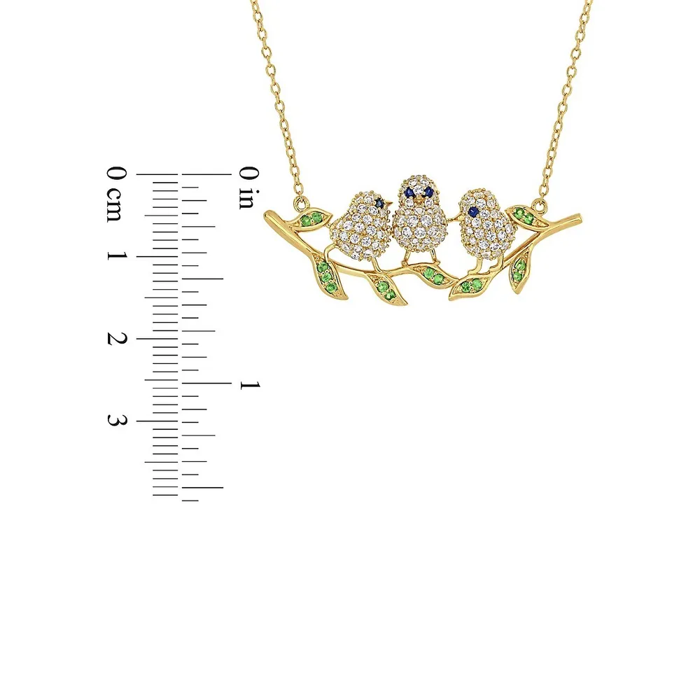 Yellow Goldplated Sterling Silver 1.4 CT. T.W. Created Blue & White Sapphire Tsavorite Leaf Chick Necklace