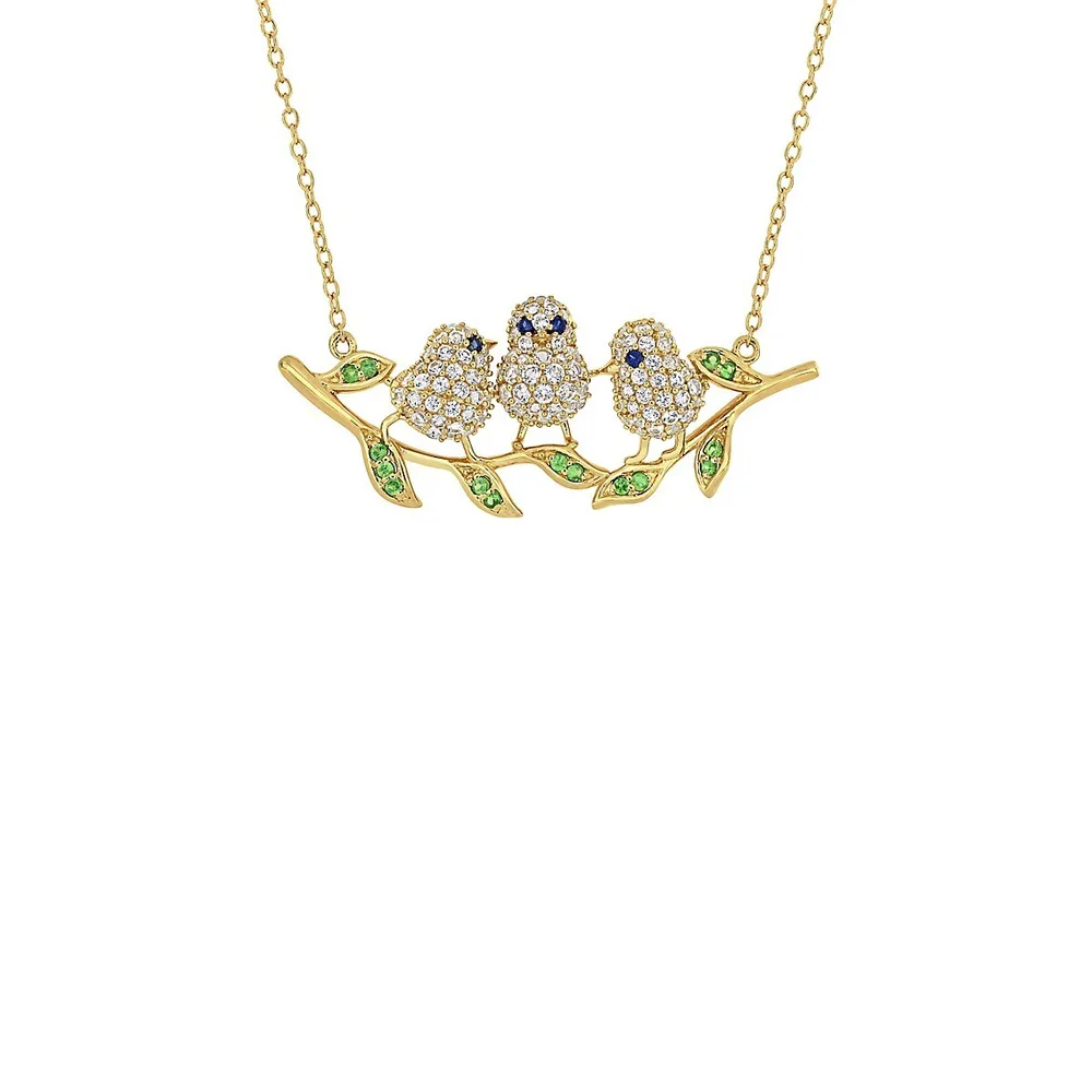 Yellow Goldplated Sterling Silver 1.4 CT. T.W. Created Blue & White Sapphire Tsavorite Leaf Chick Necklace