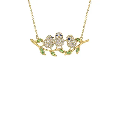 Yellow Goldplated Sterling Silver 1.4 CT. T.W. Created Blue & White Sapphire Tsavorite Leaf Chick Necklace