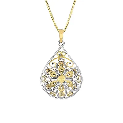 Textured 10K Two-Tone Gold Flower Pendant Necklace