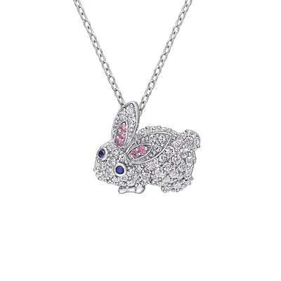 Sterling Silver Created Pink, White & Blue Sapphire Bunny Necklace