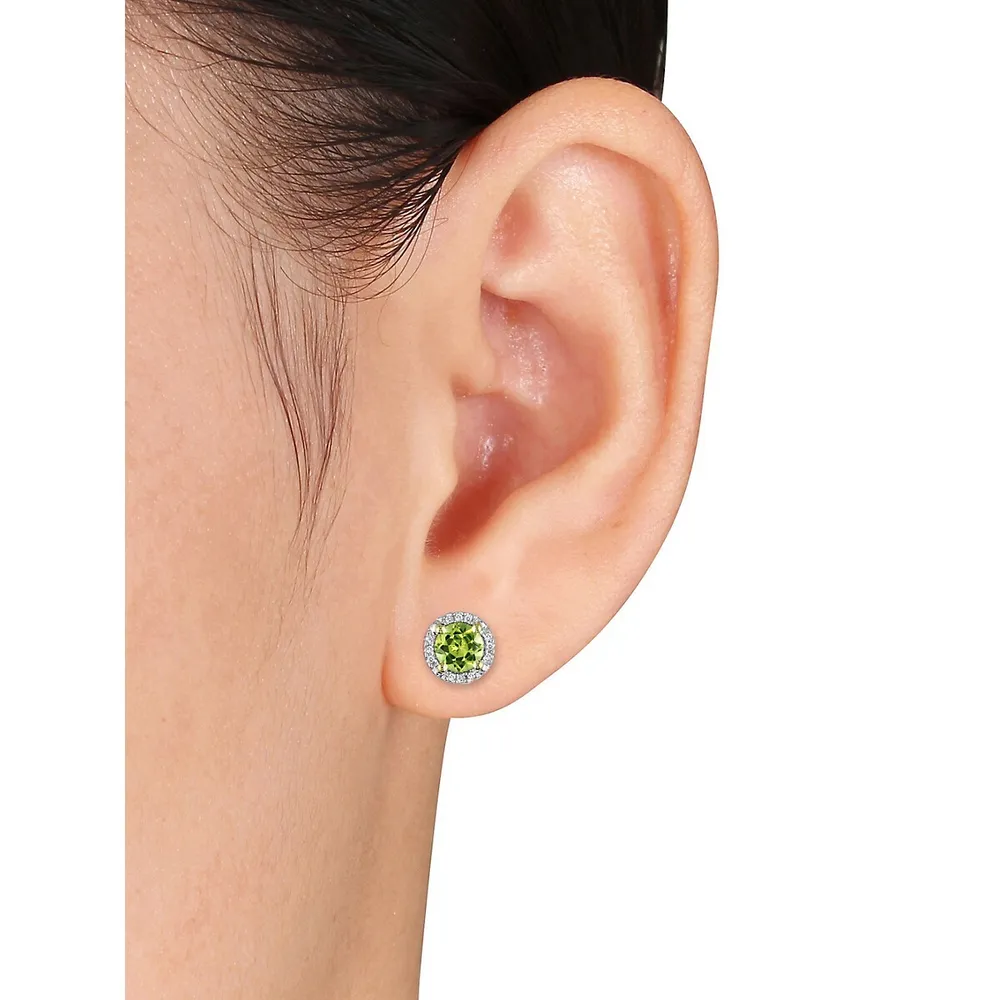 10K Yellow Gold, Peridot & Diamond Halo Round Stud Earrings