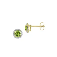 10K Yellow Gold, Peridot & Diamond Halo Round Stud Earrings