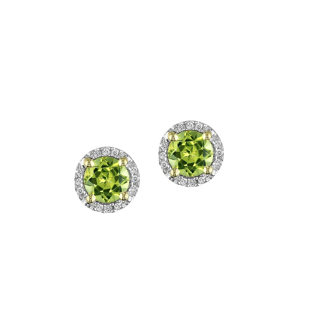 Boutons d'oreilles ronds en or jaune 10 ct avec péridot et pourtour de diamants