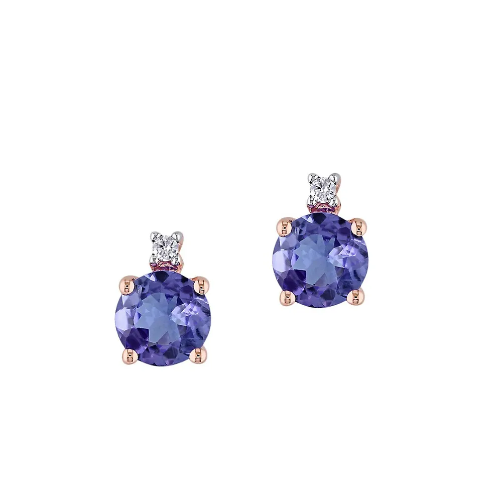 Boutons d'oreille en or rose 10 ct avec tanzanite et diamants 0,02 ct PT