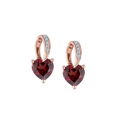 Boucles d'oreilles en or rose 10 ct avec grenat en forme de cœur et diamants 0,03 ct PT