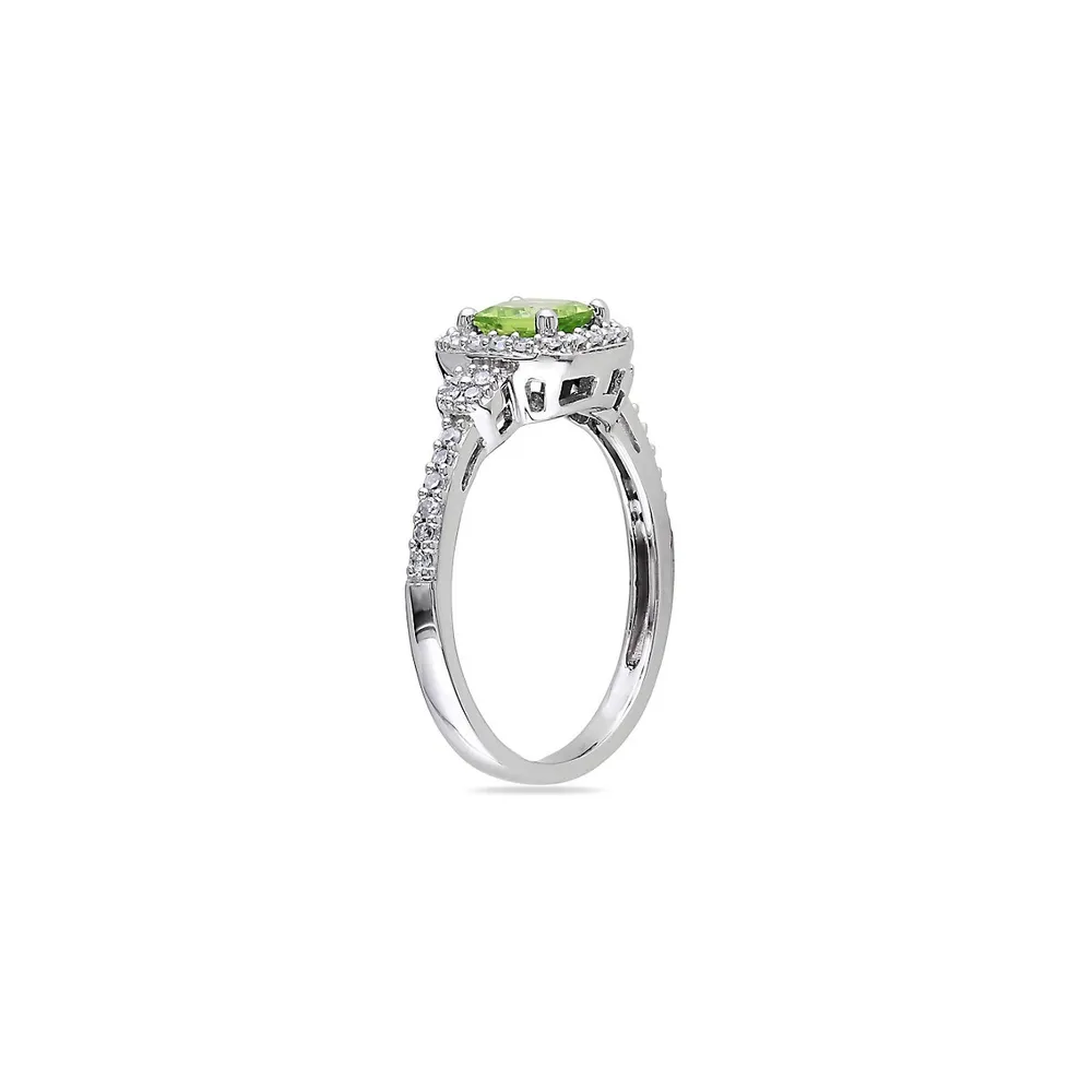 10K White Gold, Peridot and Diamond Halo Ring