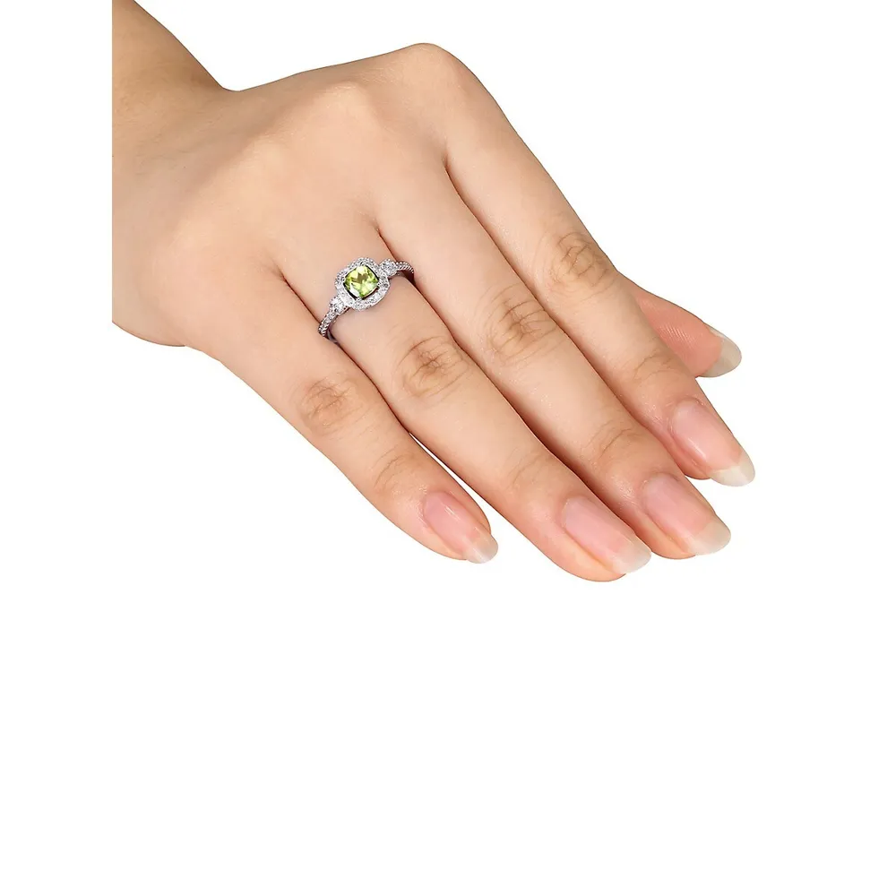 10K White Gold, Peridot and Diamond Halo Ring