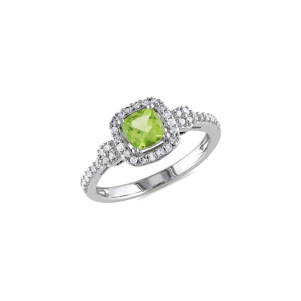 10K White Gold, Peridot and Diamond Halo Ring