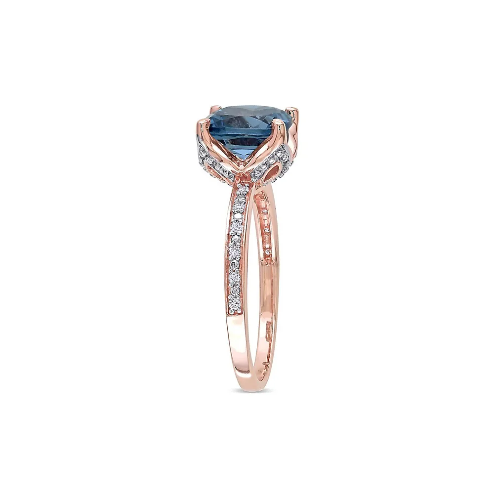 Bague en or rose 10 ct avec topaze bleu londonien et diamants