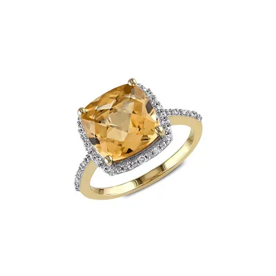 Bague en or jaune 10 ct avec citrine et pourtour de diamants 0,1 PT