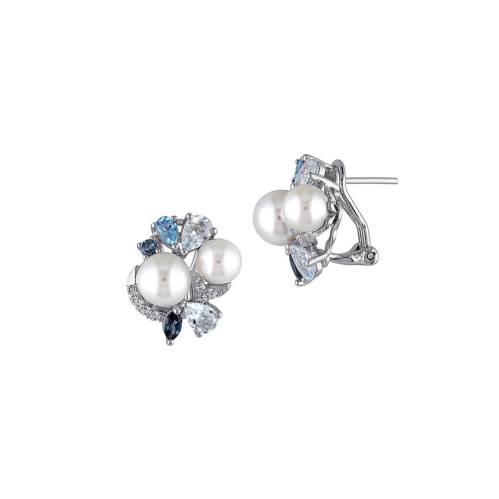 Boucles d'oreilles en argent sterling avec grappe de pierres diverses et de perles d'eau douce de culture de 6,5 à 8 mm