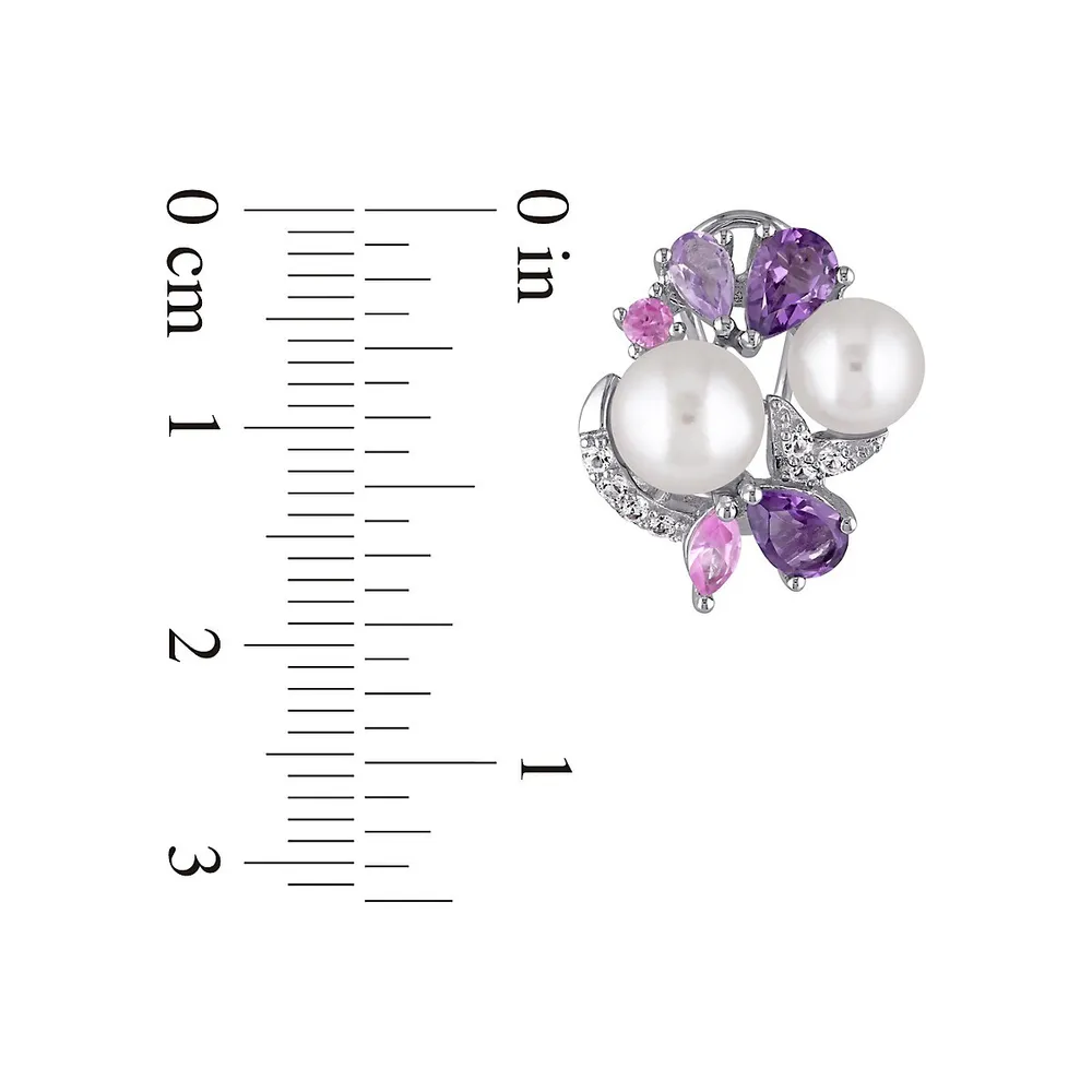 Boucles d'oreilles en argent sterling ornées de gemmes diverses en grappe et de perles d'eau douce cultivées de 6,5 à 8 mm