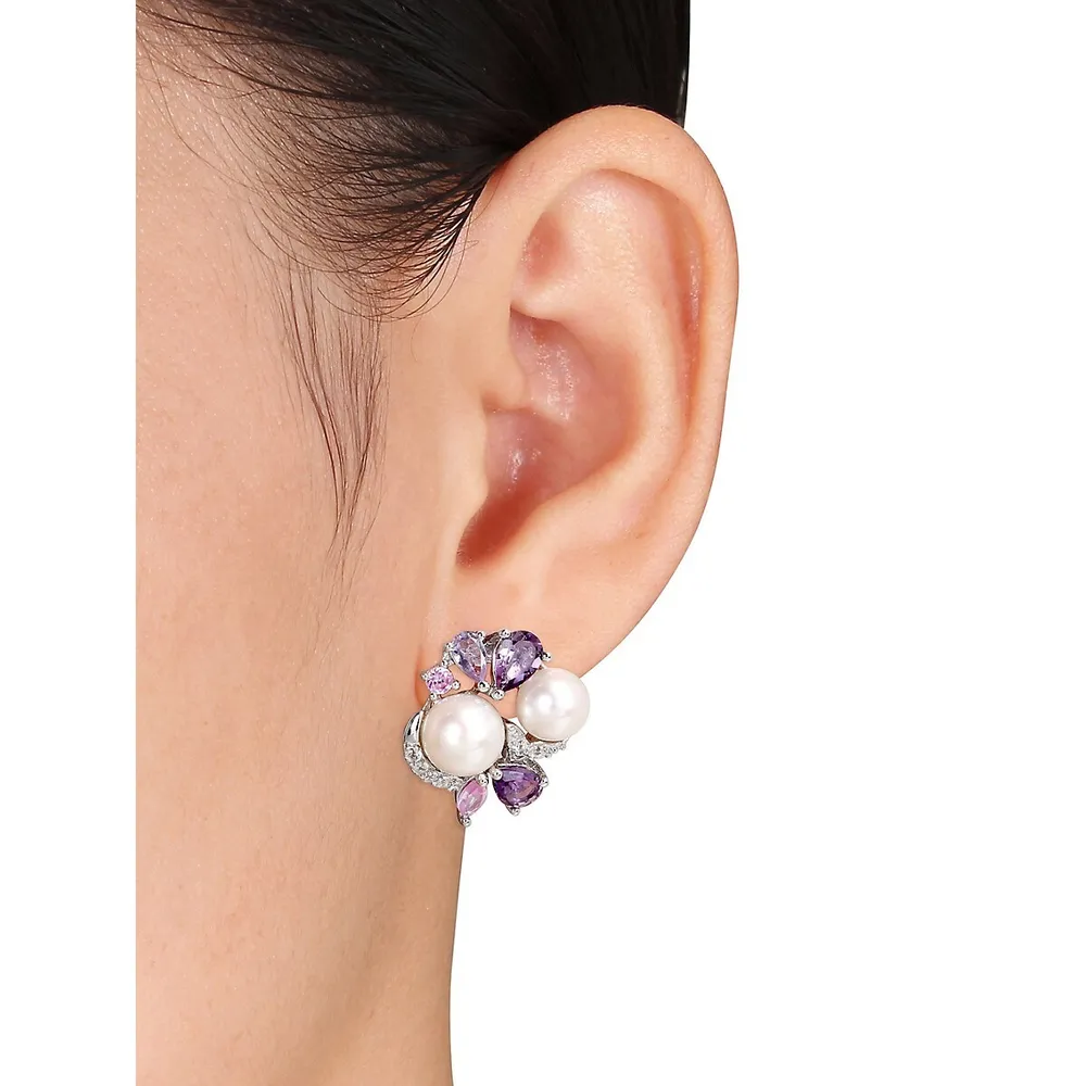 Boucles d'oreilles en argent sterling ornées de gemmes diverses en grappe et de perles d'eau douce cultivées de 6,5 à 8 mm