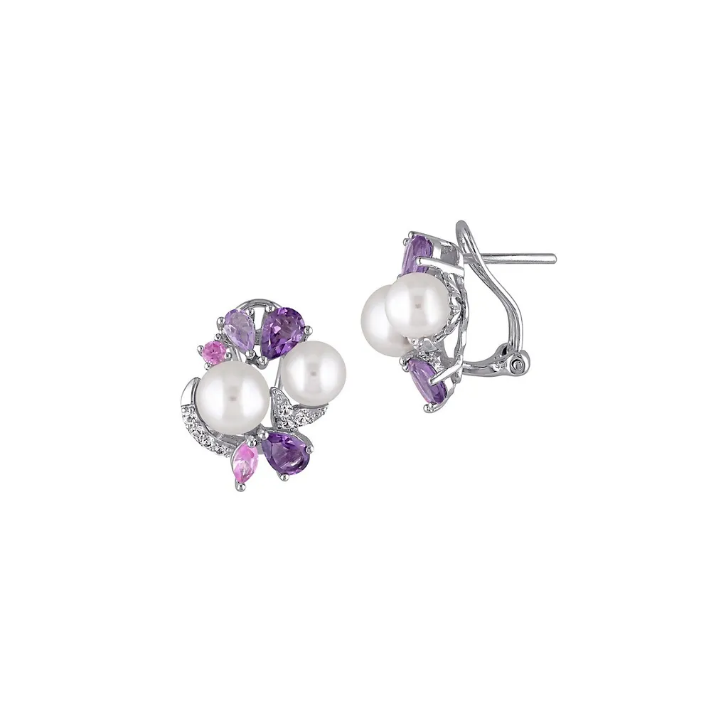 Boucles d'oreilles en argent sterling ornées de gemmes diverses en grappe et de perles d'eau douce cultivées de 6,5 à 8 mm