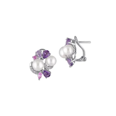Sterling Silver, Multi Gemstone and 6.5-8MM Cultured Freshwater Pearl Cluster Earrings