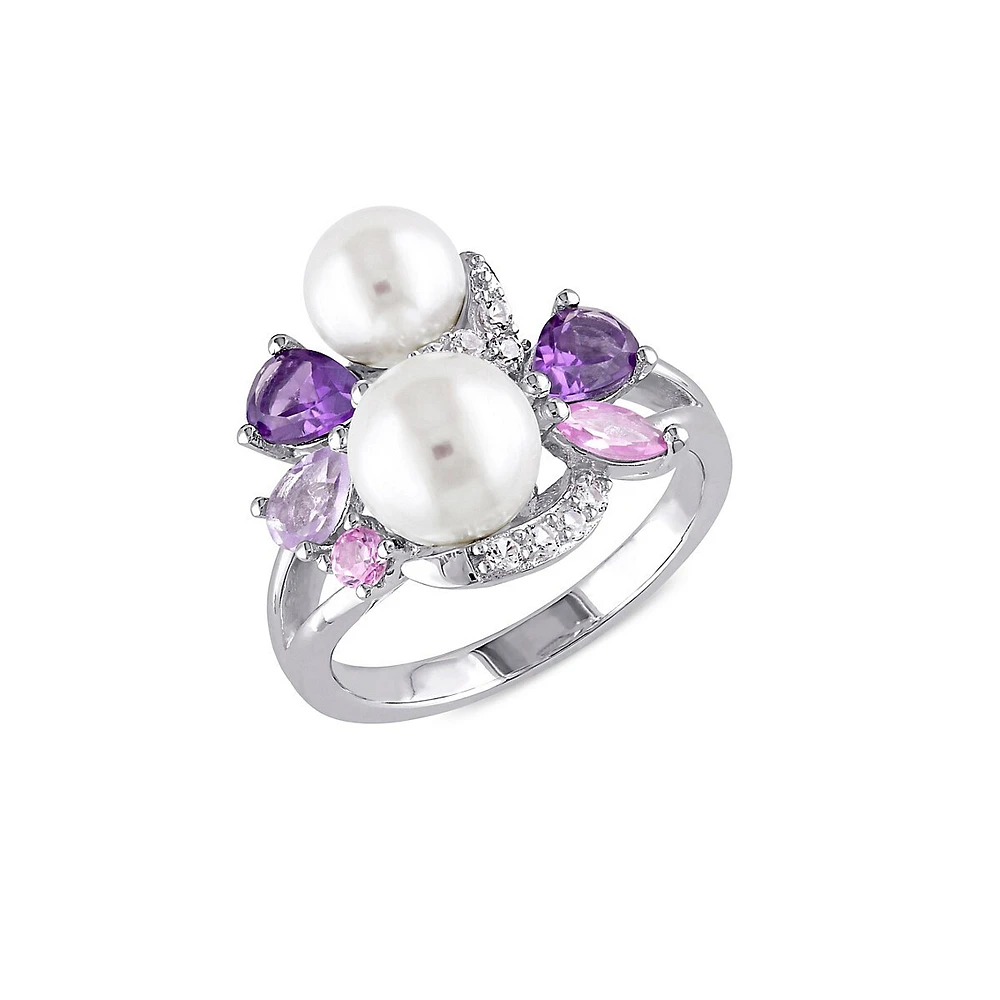 Sterling Silver, Multi Gemstone and 6.5-8MM Cultured Freshwater Pearl Cluster Ring