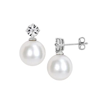 Sterling Silver, Diamond and 11-12MM Cultured Freshwater Pearl Drop Earrings
