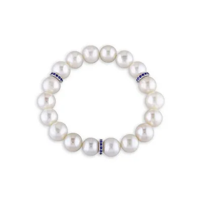 Sterling Silver, Created Blue Sapphire and 9-9.5MM Cultured Freshwater Pearl Rondelles Bracelet