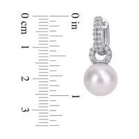 Sterling Silver, White Topaz and 11-12MM Cultured Freshwater Pearl Drop Earrings