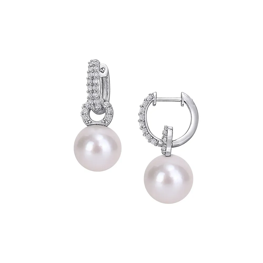 Sterling Silver, White Topaz and 11-12MM Cultured Freshwater Pearl Drop Earrings