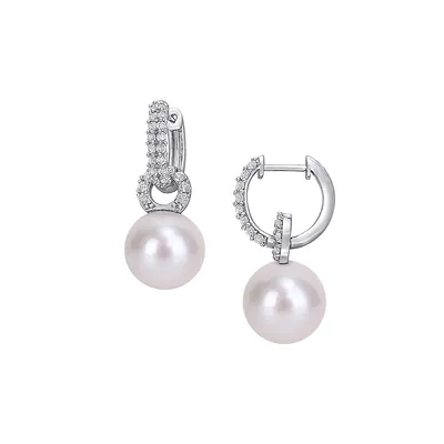Sterling Silver, White Topaz and 11-12MM Cultured Freshwater Pearl Drop Earrings