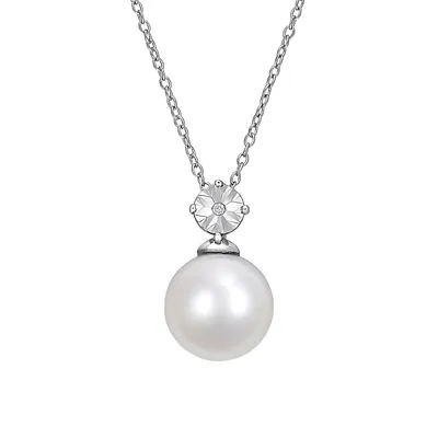 Collier en argent sterling avec perle d'eau douce cultivée de 11 à 12 mm et diamants 0,01 ct PT .