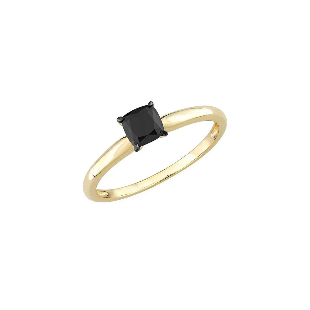 14K Yellow Gold, Black Rhodium-Plated & 0.5 CT. T.W. Cushion-Cut Diamond Solitaire Ring