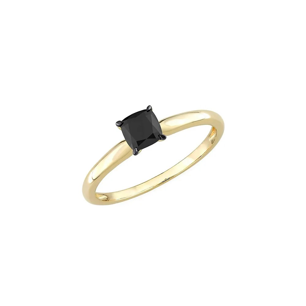 14K Yellow Gold, Black Rhodium-Plated & 0.5 CT. T.W. Cushion-Cut Diamond Solitaire Ring