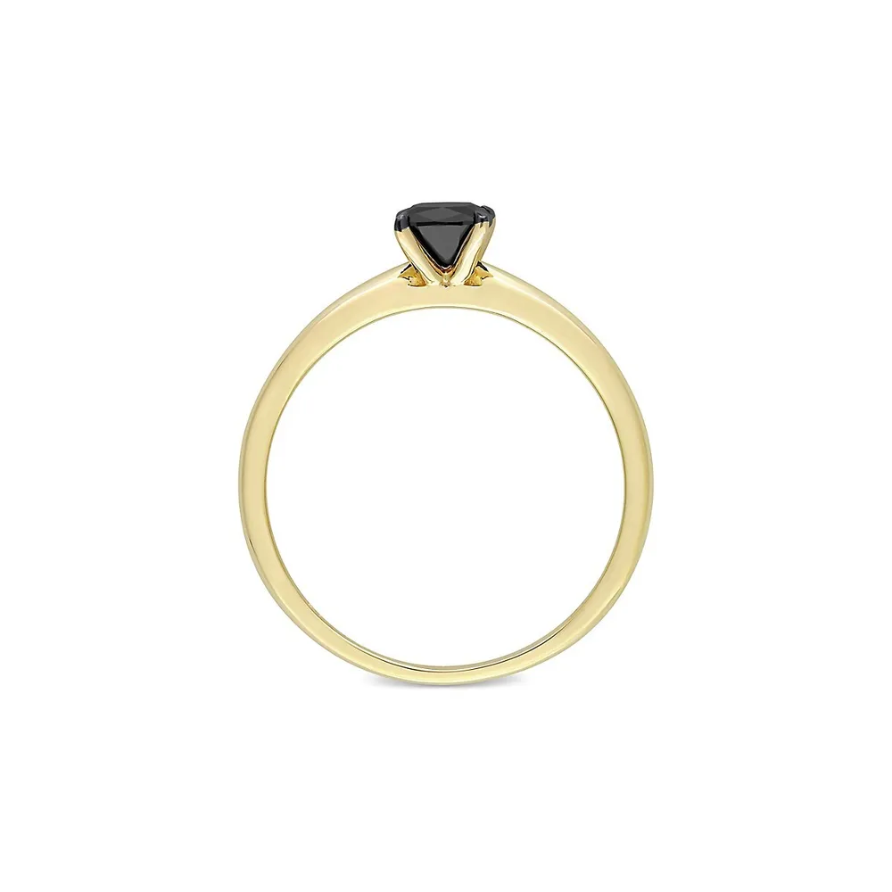 14K Yellow Gold, Black Rhodium-Plated & 0.5 CT. T.W. Cushion-Cut Diamond Solitaire Ring