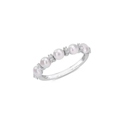 Sterling Silver, 3.5-4MM Cultured Freshwater Pearl & White Topaz Semi-Eternity Ring
