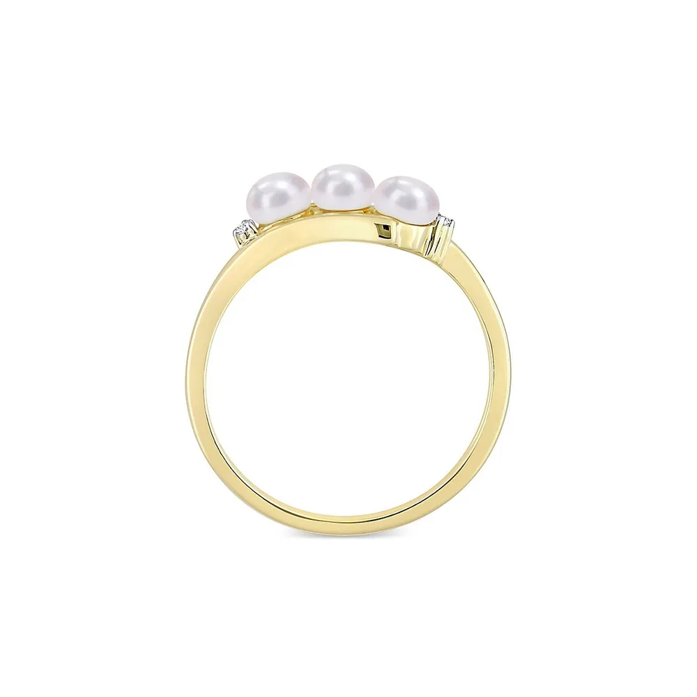 10K Yellow Gold, 3-5.4MM Cultured Freshwater Pearl & 0.013 CT. T.W. Diamond Accent 3-Stone Bypass Ring