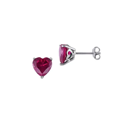 Sterling Silver & Created Ruby Heart Stud Earrings