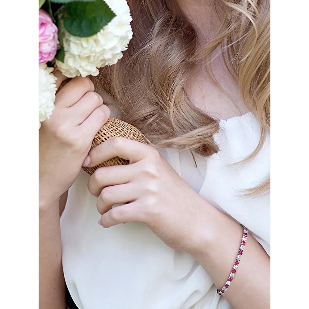 Sterling Silver, Created Ruby & White Sapphire Tennis Bracelet