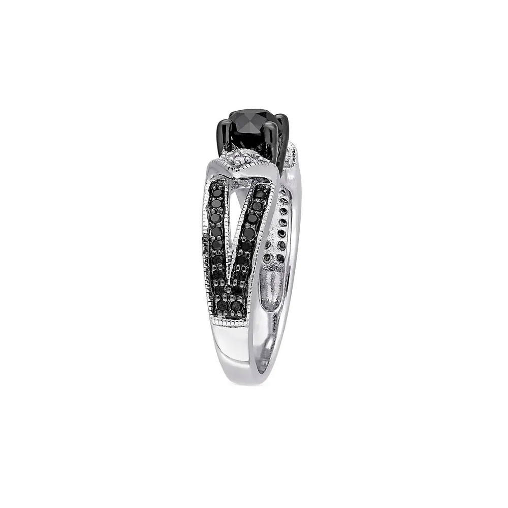 Sterling Silver, Black Rhodium & 1 CT. T.W. And White Diamond Split Shank Engagement Ring