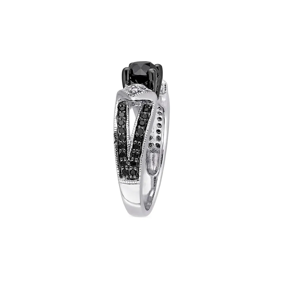 Bague de fiançailles en argent sterling à tige fendue avec diamant noir et blanc rhodium 1 ct PT