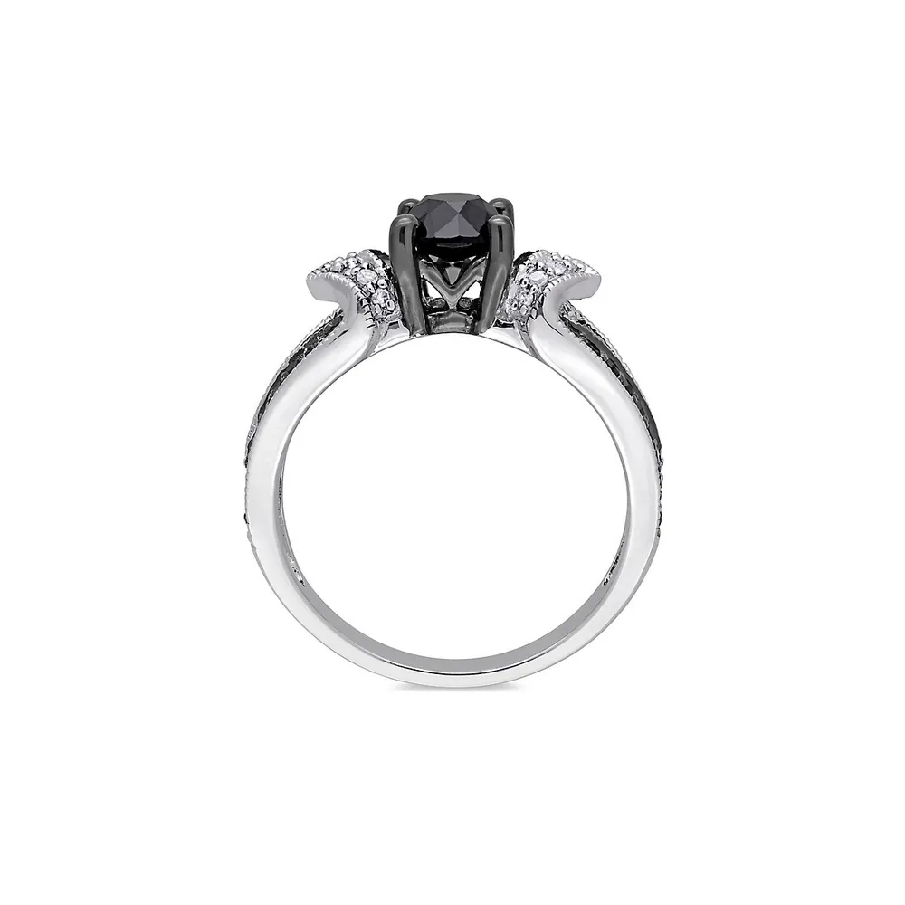 Bague de fiançailles en argent sterling à tige fendue avec diamant noir et blanc rhodium 1 ct PT