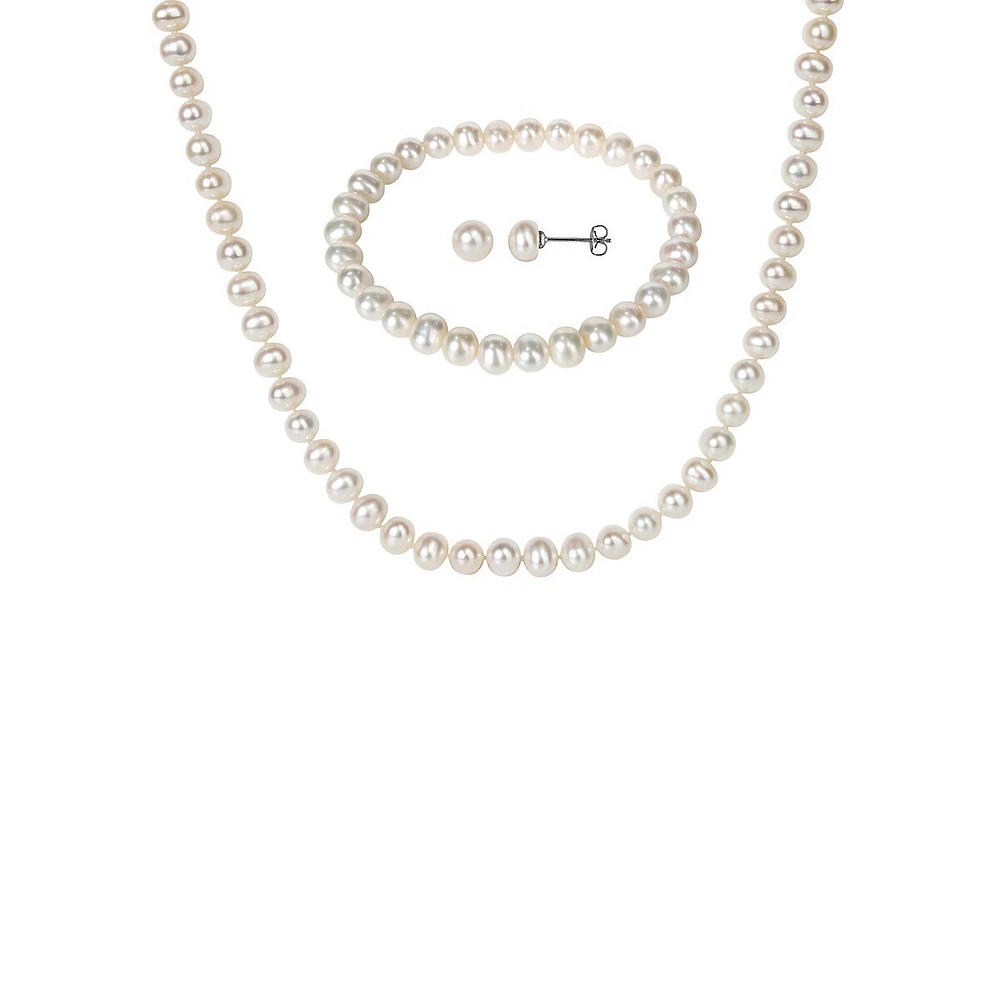 3-Piece Silvertone & 7MM Round Freshwater Cultured Pearl Necklace, Bracelet & Earring Set