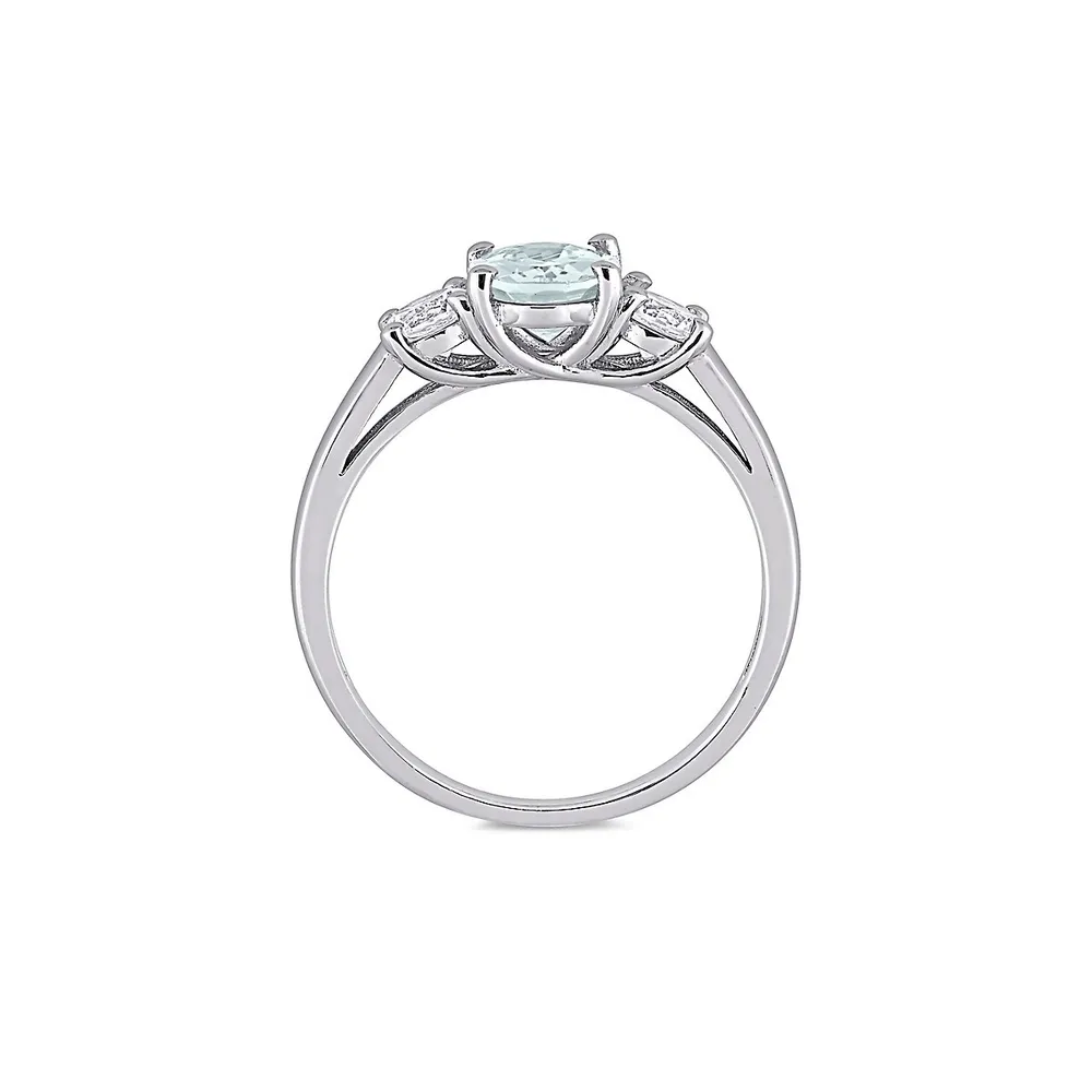 Sterling Silver, Aquamarine & 1.62 CT. T.W. Created Sapphire Oval 3-Stone Ring