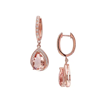 Rose Plated Sterling Silver, Pear-Cut Simulated Morganite & Cubic Zirconia Halo Drop Earrings