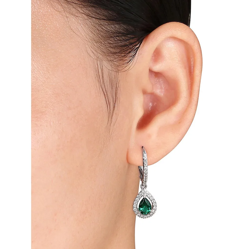 Boucles d'oreilles en argent sterling en forme de goutte avec émeraude synthétique et saphirs blancs