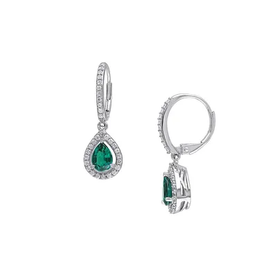 Sterling Silver, Created Emerald & White Sapphire Teardrop Earrings