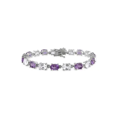 Sterling Silver, Amethyst & Created White Sapphire Oval Link Bracelet