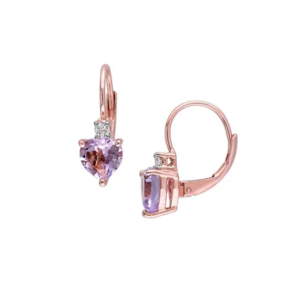 Rose Goldplated Sterling Silver, Pink Amethyst & Created White Sapphire Heart Earrings