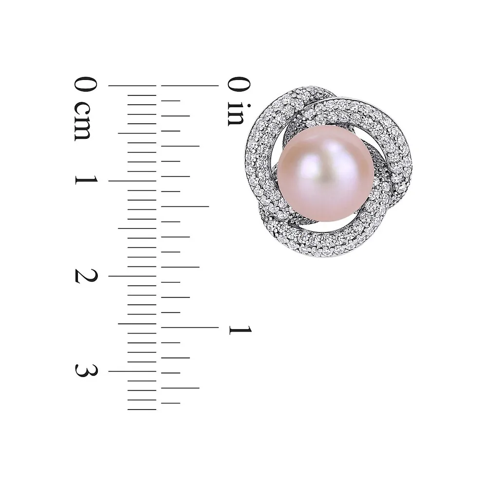 Sterling Silver, 10.5MM Pink Cultured Freshwater Pearl & 1.5 CT. T.G.W. Cubic Zirconia Interlaced Halo Earrings