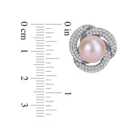 Sterling Silver, 10.5MM Pink Cultured Freshwater Pearl & 1.5 CT. T.G.W. Cubic Zirconia Interlaced Halo Earrings