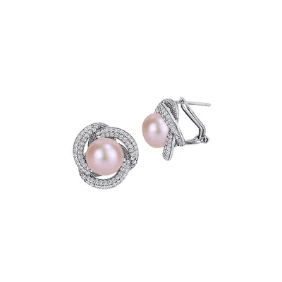 Sterling Silver, 10.5MM Pink Cultured Freshwater Pearl & 1.5 CT. T.G.W. Cubic Zirconia Interlaced Halo Earrings