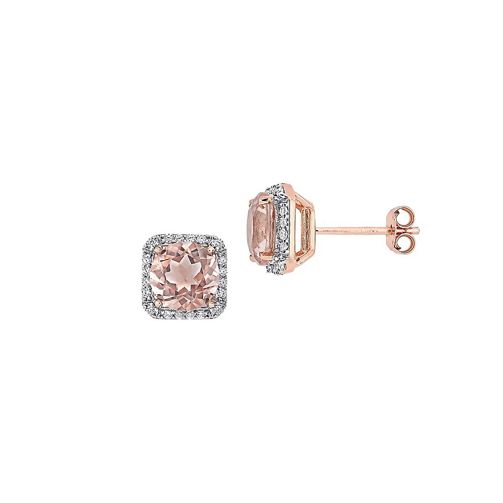 Rose Plated Sterling Silver, Simulated Morganite & Cubic Zirconia Halo Stud Earrings