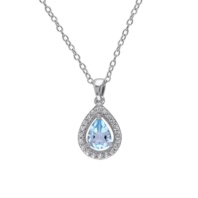 Sterling Silver, Blue Topaz & Created White Sapphire Teardrop Halo Pendant Necklace