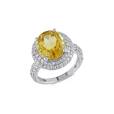 Bague double halo en saphir blanc synthétique argent sterling à citrine de taille ovale 5,4 ct PT